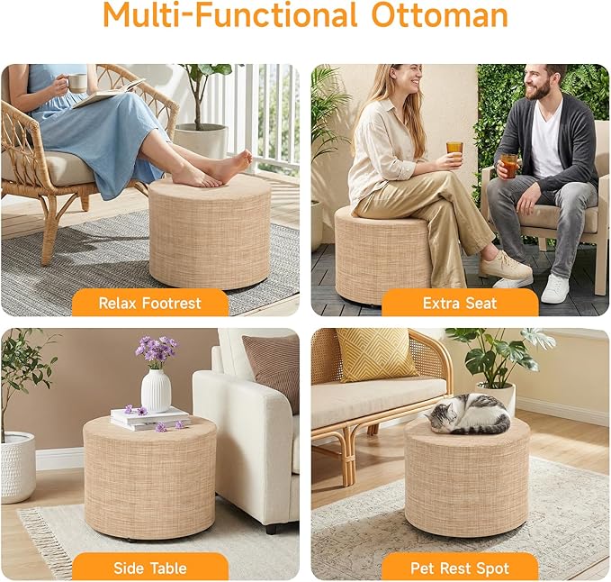 ONBRILL Outdoor Round Ottoman, All Weather Outdoor Footstool with Supportive Textliene, Patio Footrest with Sturdy Metal Frame, Multipurpose Outdoor Furniture for Patio, Balcony, Pool, Indoor, Beige