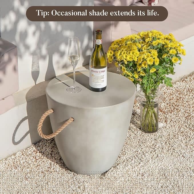 COSIEST Outdoor Shaped Side Table with Concrete Top & Hemp Rope Handles, 17'' Patio Accent Table for Garden