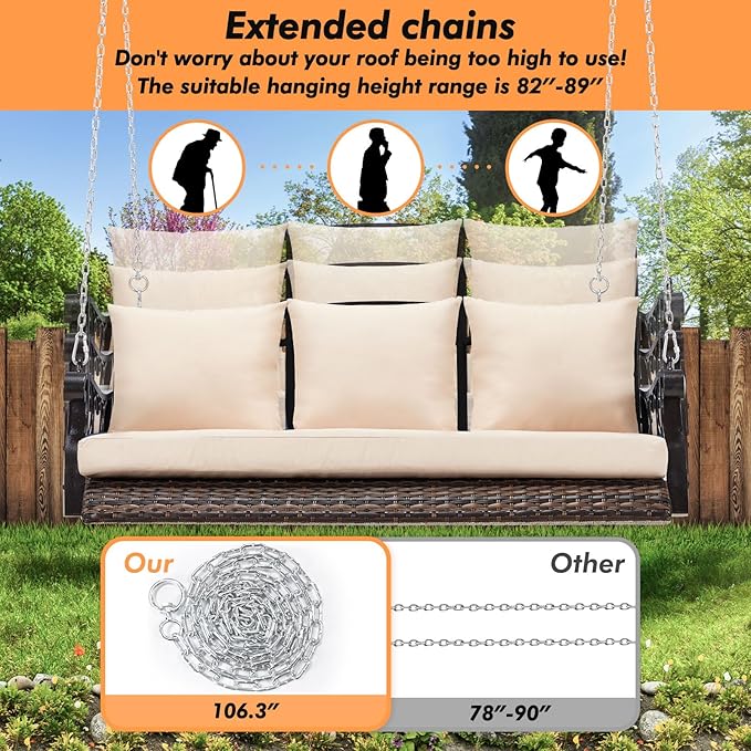 3-Person Wicker Porch Swing Chair Heavy Duty 900 LBS Outdoor Rattan Patio Swing Chair w/Cup-Holder & Steel Chains Hanging Bench Porch Swing Cushions for Deck & Backyard & Garden