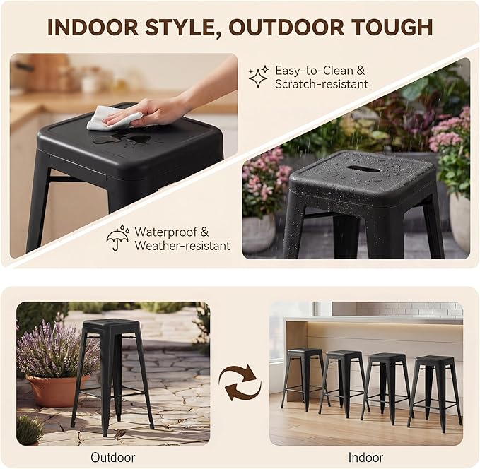 Shahoo 24 Inches Metal Bar Stools Counter Height Stackable Backless Stools, Industrial Patio Stools Indoor Outdoor Metal Kitchen Stools Set of 4 (Black, 24'')