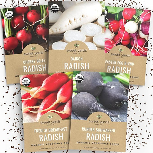 Organic Radish Seeds Variety Pack - 5 Individual Packs - 2026 Season - Cherry Belle, Easter Egg, French Breakfast and More! for Indoor & Outdoor Planting (Non-GMO, Certified Organic)