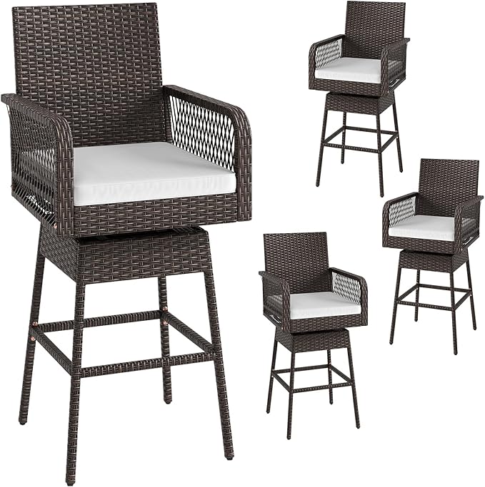 ORALNER Outdoor Wicker Swivel Bar Stools Set of 4, 29" Bar Height Patio Rattan Dining Chair with Armrests, Footrest & Seat Cushion, Metal Frame, for Backyard, Porch, Poolside, Deck (4, White)