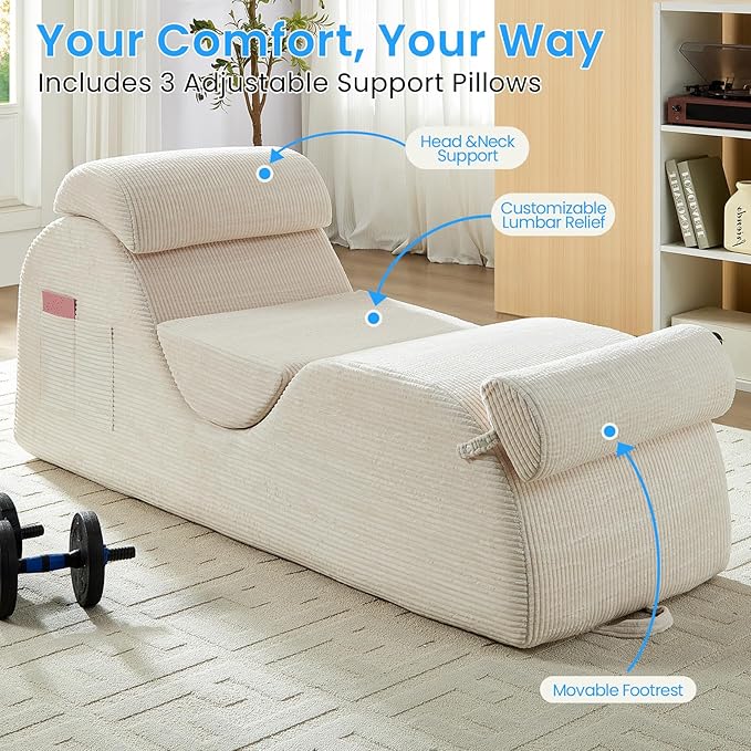 ijuicy 25" Wide Corduroy Yoga Chair, Yoga Lounge Chair for Adults, Chaise Lounge Chair Indoor/Yoga Lounger with Headrest, Waist Cushion, Movable Footrest, Side Pockets, High Density Sponge-Beige