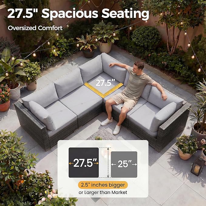 NICESOUL 7 Pieces Comfy 29.3'' High Back Outdoor Furniture Sofa Set, Extra Large Size Grey PE Wicker Patio Modular Sectional with Side Tables, All-Weather Rattan Conversations for Backyard Deck,Gray