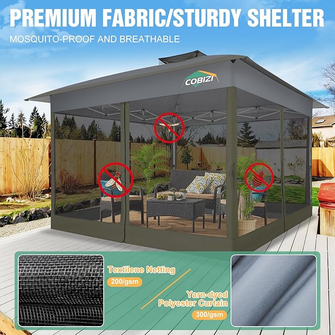 COBIZI Gazebo 13x13 Pop Up Canopy, Gazebos on Clearance - Canopy Tent with Mosquito Netting for Lawn, Garden, Backyard & Patio - Carpas para Patio- Water Resistant and UPF50+ (Gray)