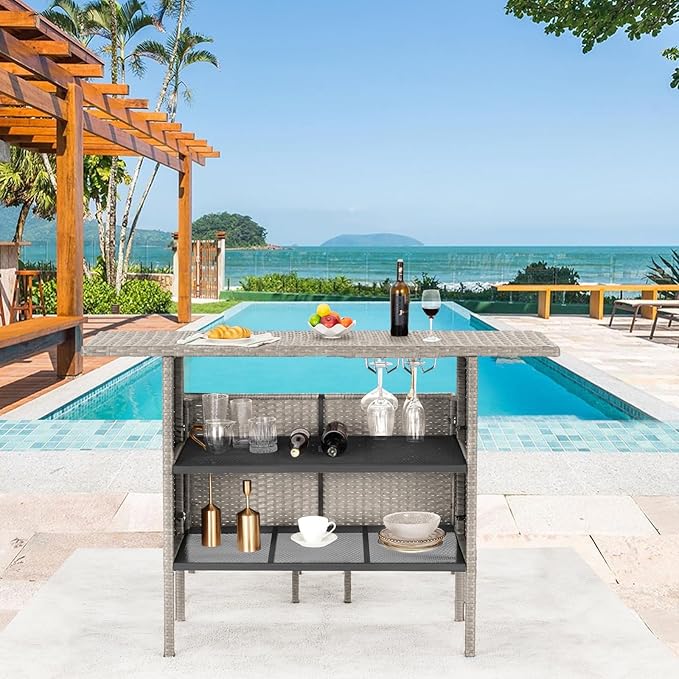 ECOTOUGE Wicker Bar Table, Outdoor Patio Console Table Serving Table, Mini Outdoor Bar Patio Counter with Steel Shelves & Hanging Wine Glasses, Ideal for Garden, Backyard(Grey)