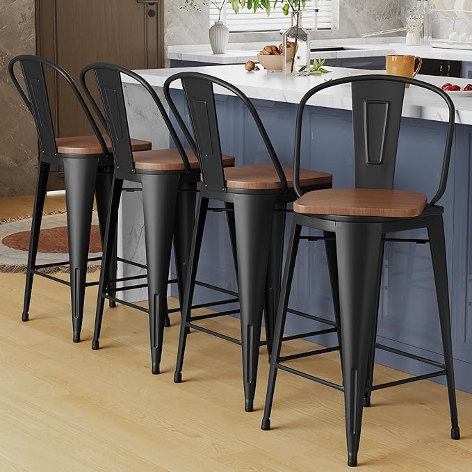 Alunaune 30" Swivel Metal Bar Stools Set of 4 High Back Counter Height Barstools Industrial Dining Bar Chairs with Large Wooden Seat-Matte Black