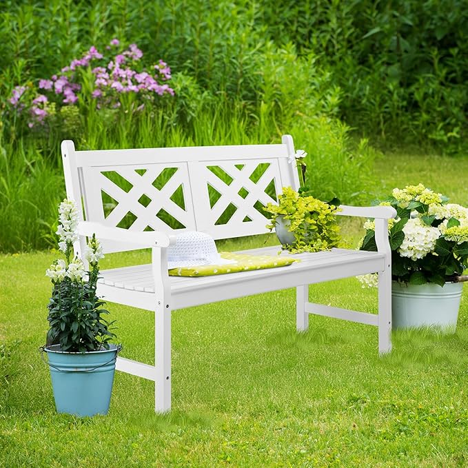 VINGLI 50" Outdoor Wood Bench, Weatehr Resistant Wooden Garden Patio Bench with Comfortable Backrest & Curved Armrest, 800lb Capacity Loveseat for Front Porch Park Yard Deck (White, Geometric)