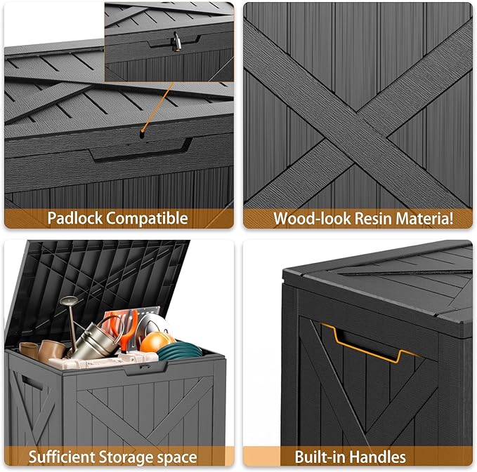 38 Gallon Outdoor Deck Box, Lockable Waterproof Outdoor Storage Boxes For Garden Tools,Indoor Cushions,Accessories Outside Storage Resin Weatherproof Container(Black)