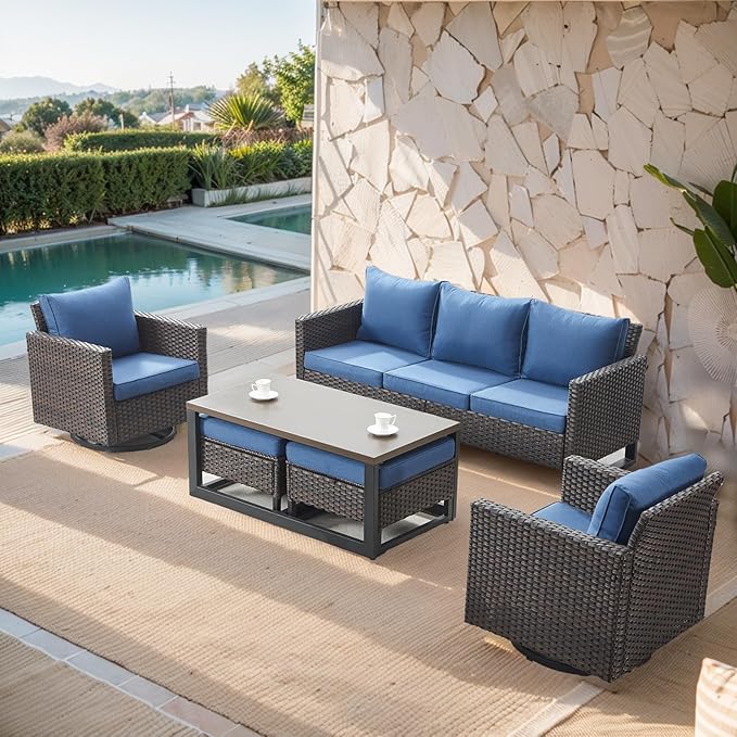 Belord 6 Piece Outdoor Furniture Patio Wicker Sofa Set, Oversize Outdoor Swivel Rocker Chairs with Rattan Ottomans, Conversation Sets Patio Furniture Come with Removable Washable Cushion Blue, Brown