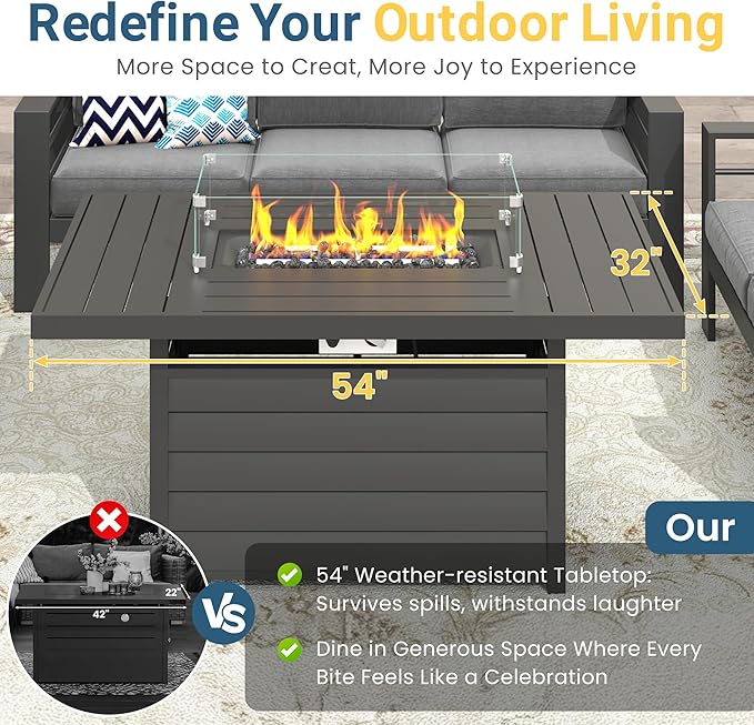 Wisteria Lane Aluminum Patio Furniture Set, 4 Pcs Metal Outdoor Furniture Set with CSA Certified 54in Propane Gas Fire Pit Table, Patio Conversation Set with 5in Olefin Cover Cushions, Dark Grey