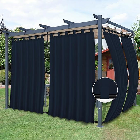 Easy-Going Outdoor Patio Curtains Detachable Tab Top Windproof Weatherproof Curtain for Cabana, Porch, Pergola and Gazebo, Tab Bottom Drape, 2 Panels, 54W x 84L inch, Navy