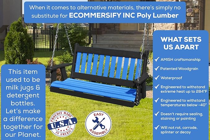 Mission Poly Lumber Wood 5FT Porch Swing Amish Craftsmandship Made in USA HDPE with No Wood fibers 1000 lbs Limit. Stainless Steel Hardware.Signature Design for Patio Outdoor Backyard Garden Park