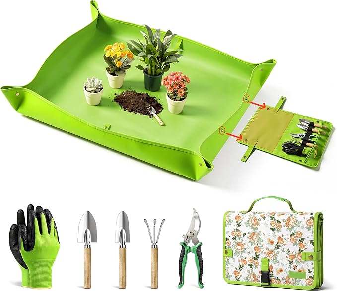 Grenebo 7-Piece Gardening Tools Set, Gift for Women, Beginners, Tools Kit with Plant Repotting Mat & Tool Bag, Stainless Steel Gardening Hand Tools for Indoor Transplanting, Succulent Bonsai Plants