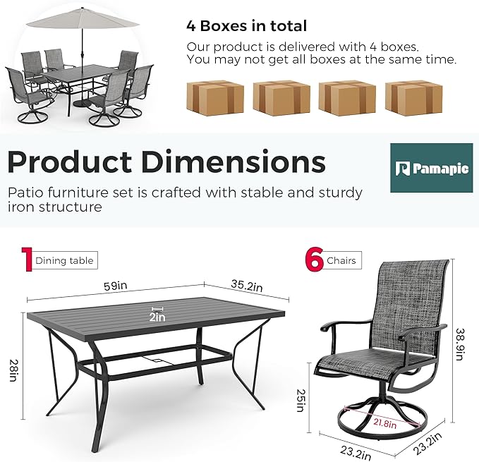 7-Piece Outdoor Dining Set, Patio Furniture Set with 2 Textilene Swivel Chairs & 4 Regular Chairs,Patio Dining Set with 1 Rectangular Table for Garden, Backyard, Poolside, Deck, Charcoal