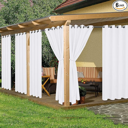 HolidayIdeas Outdoor Curtains for Patio Waterproof, 6 Panels - 54x95 Inches - Weatherproof Privacy Outsides Curtains for Cabana Porch Pergola, Sunlight & UV Blocking (White, Grommet Top)