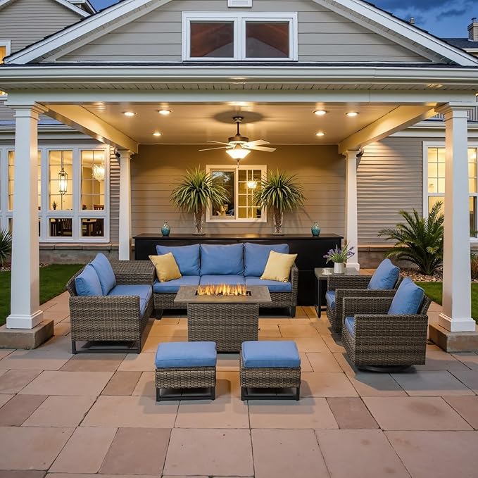 Belord Outdoor Sectional Sofa with 41" Propane Fire Pit Table - 9 Piece Patio Conversation Set with Storage Box and Swivel Rocker Chairs All-Weather PE Wicker Furniture Set Gray