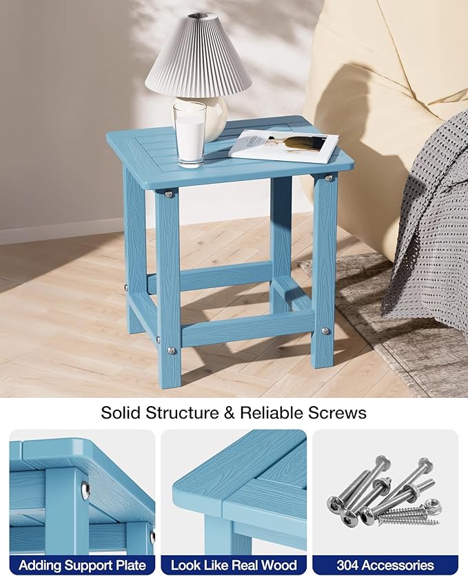 YEFU Outdoor Side Table for Patio: 16" HIPS Weather - Resistant Adirondack Tables Set of 2 - Small Square End Tables for Backyard Pool Porch Balcony - Indoor Outdoor Durable Table Blue
