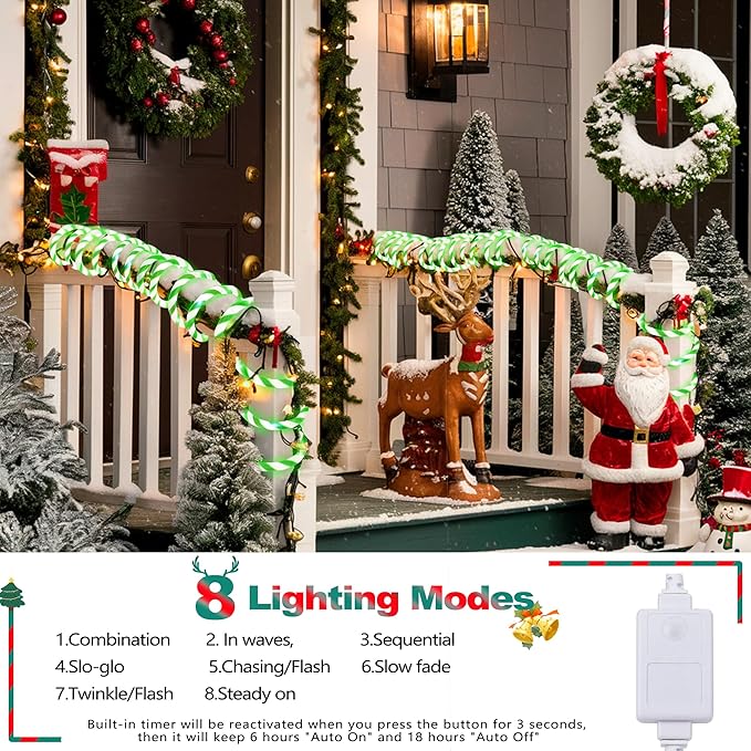 Jnaurb Christmas Candy Cane Lights, 66ft 480 LED Connectable Flexible White & Green Candy Cane Rope Lights for Outside, 8 Modes Waterproof LED Christmas Light for Garden Patio Tree Holiday Party Decor