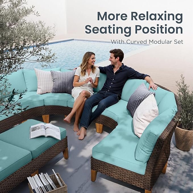 PHI VILLA 7-Piece Wicker Patio Furniture Set, Outdoor Half-Moon Curved Sectional Sofa with Thick Aqua Blue Cushions, 2 Ottomans, 2 Single Seats, Large Conversation Seating for Garden or Backyard