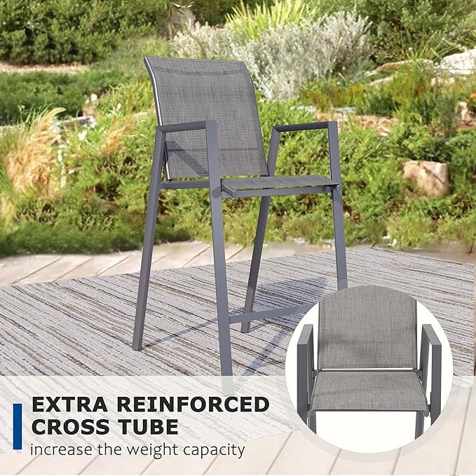 Outdoor Bar Stools Set of 4, 44'' Patio Bar Chairs with Textile High Back, Bar Height Chairs with Straight Armrest and Footrest, Grey