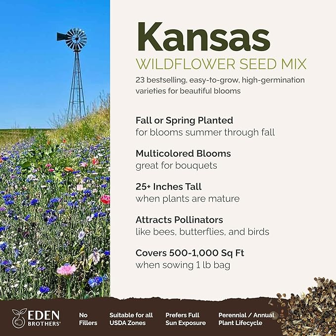 Eden Brothers Kansas Wildflower Mixed Seeds for Planting, 1 lb, 480,000+ Seeds with Candytuft, Cosmos | Attracts Pollinators, Plant in Spring or Fall, Zones