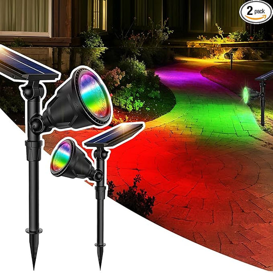 JSOT 2 Pack Christmas Solar Spotlights, RGB Solar Spot Light Outdoor Waterproof Color Changing Landscape Lighting with 9 Lighting Options Decor for Backyard Walkway Tree Lawn