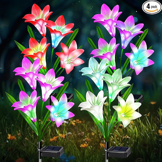 Solar Lights Outdoor Waterproof, 4 Pack Garden Decor Lights, 16 Multi-Color Changing Lily Solar Flowers for Yard Patio Pathway Decor, Gifts for Women Mom (4 Pack)