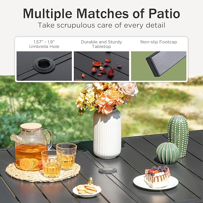 PHI VILLA Outdoor Dining Set for 6, All-Weather Patio Table and Chairs Set with Umbrella for 6, Heavy Duty Rectangle Patio Table Set for Deck, 6 Extra Large Outdoor Swivel Chairs with Thick Cushions