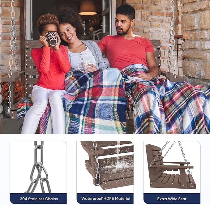 KINGYES Outdoor Hanging Porch Swing, Waterproof Swing with Cup Holders for Courtyard & Garden, 660LBS Weight Capacity, Brown