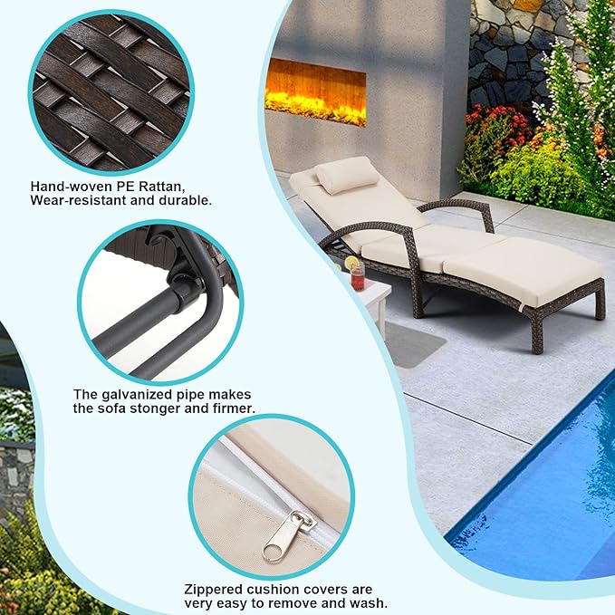 HOMREST Chaise Lounge Chairs Set of 4, PE Rattan Wicker Lounge Chair with Arm and Wheels for Poolside,Khaki