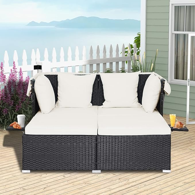Moccha Outdoor Daybed with Retractable Canopy, Wicker Cabana with 2 Side Tables & Soft Cushions ,Hand-Woven PE Rattan Bed Lounger, Patio Sectional Furniture Set for Garden Backyard Porch (Off White)