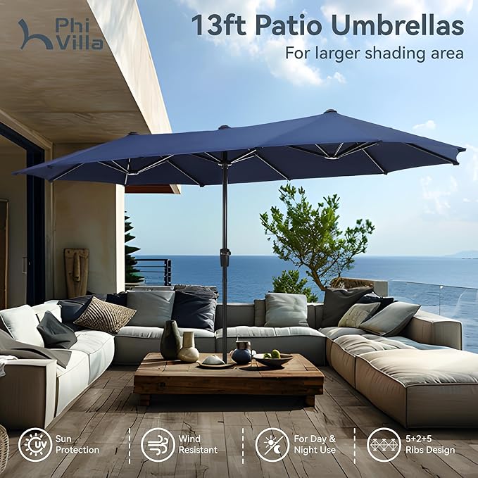 PHI VILLA Patio Dining Set with Umbrella for 6 Person, Outdoor Swivel Dining Chairs & 1 Large Wooden-Like Top Table with 13ft Navy Blue Outdoor Umbrella(No Base) for Deck Lawn Garden Backyard