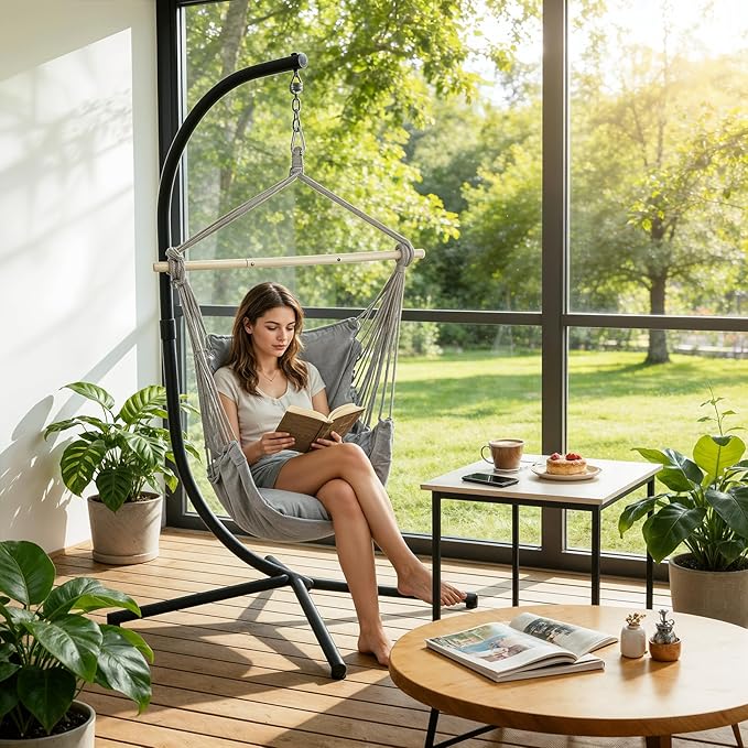 Athena Collection Hammock Chair Hanging Rope Swing Chair with 2 Cushions, Max 350 Lbs, Hanging Macrame Chair with Anti-Slip Grooves Spreader Bar and Pocket for Outdoor Indoor Patio Yard, Gray