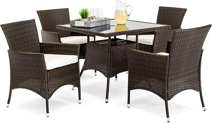 Best Choice Products 5-Piece Indoor Outdoor Wicker Dining Set Furniture for Patio, Backyard w/Square Glass Tabletop, Umbrella Cutout, 4 Chairs - Cream
