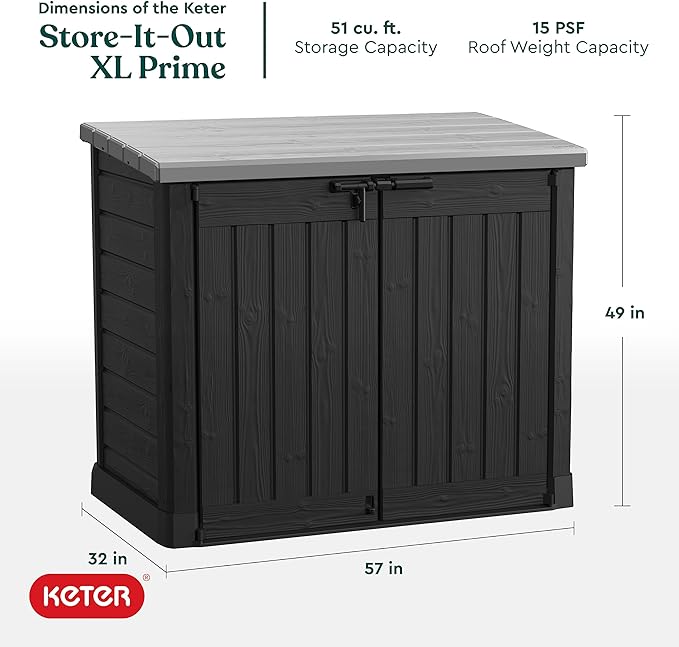 Keter Store-It-Out Prime XL 4.75 x 2.6 Foot Resin Outdoor Storage Shed with Double Doors and Easy Lift Hinges, Perfect for Trash Cans, Garden and Yard Tools, and Pool Toys, Black
