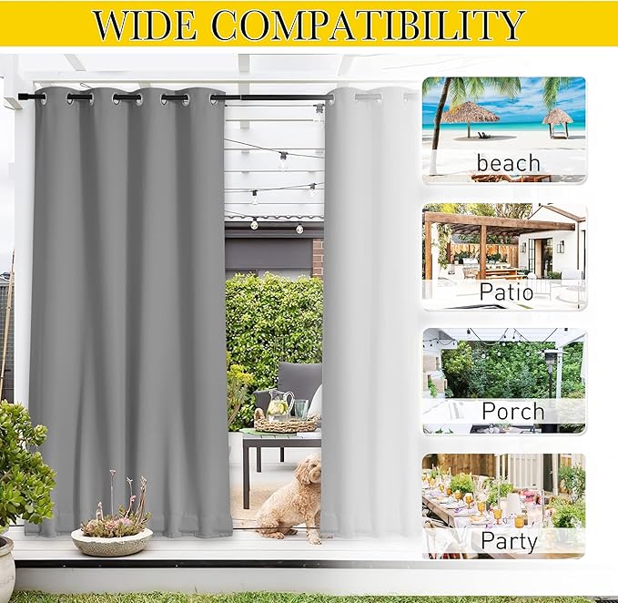 NICETOWN 2 Panels Weighted Outdoor Curtains for Patio Waterproof, Thermal Insulated Grommet & Back Tab on Top & Bottom Windproof Sun Blocking Draperies for Gazebo with Rope, Silver Grey, W66 x L84