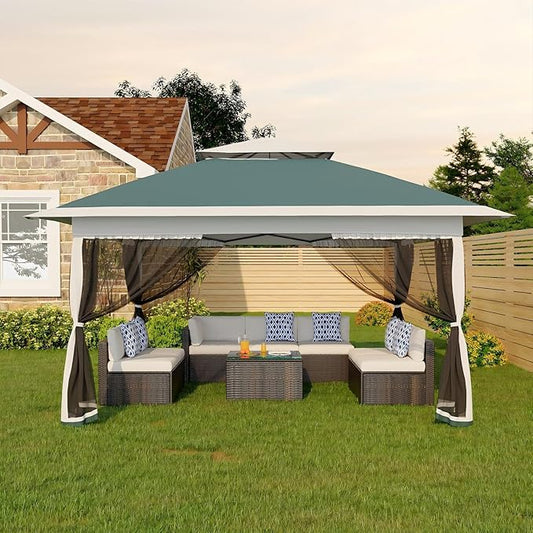 Canopy Tent 12x12 ft, Pop Up Gazebo One-Push Setup with 4 SandBags for Backyard Parties and BBQs, Mosquito Netting & Height Adjustable - Green