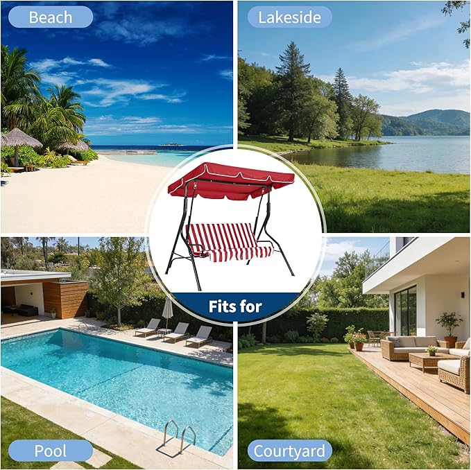 Outdoor Porch Swing Chair with Adjustable Canopy & Striped Seat Cushion for Adults 3-Seat Patio Glider Bench with Thick Cushions Steel Frame Outdoor Swing Chair for Backyard Lawn Garden Red