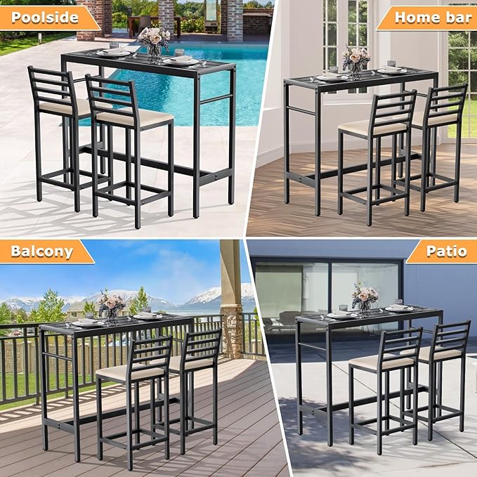 3 Piece Outdoor Patio Bar Set, 50" Rectangular Counter Height High Top Bar Table Patio Bar Set, 2 Cushioned 41" Bar Stools Modern Metal Outdoor Bar Set for Poolside, Balcony, Backyard, Porch