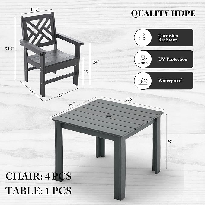 HDPE Outdoor Dining Set,5-Piece Outdoor Table and Chairs Include 4 Armchair Chairs and 35.5" Square Patio Dining Table with Umbrella Hole (Gray)