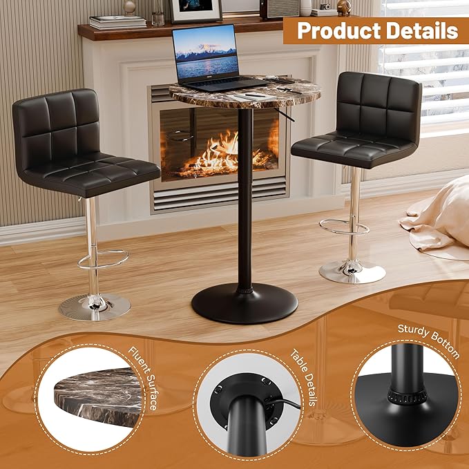 Flamaker Round Bistro Pub Table 23.6 Inch Height Adjustable 360° Swivel Bar Table Metal Base for Pub, Dining Room, Party (4, Marble-Black)