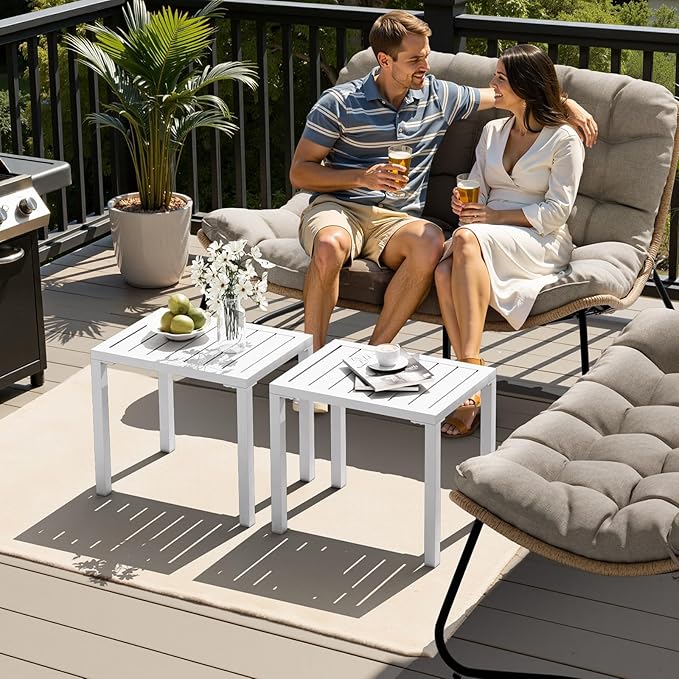 Crestlive Products Aluminum Outdoor Side Table Set of 2, White Small Rectangular Weather Resistant Coffee End Tables for Patio Balcony Pool Deck