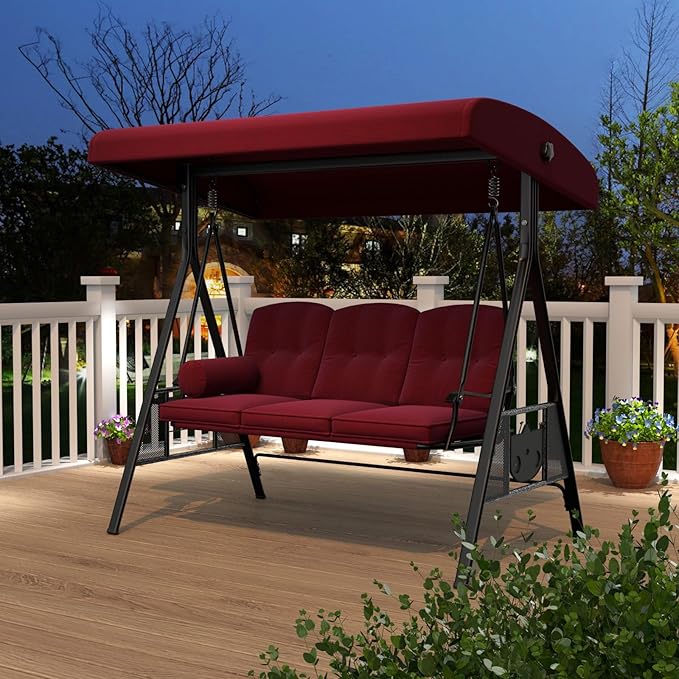 AECOJOY Outdoor Porch Swing, 3-Seat Porch Swing with Adjustable Canopy, Outdoor Swings for Adult with Burgundy Removable Cushions for Backyard, Garden, Yard, Poolside, Balcony