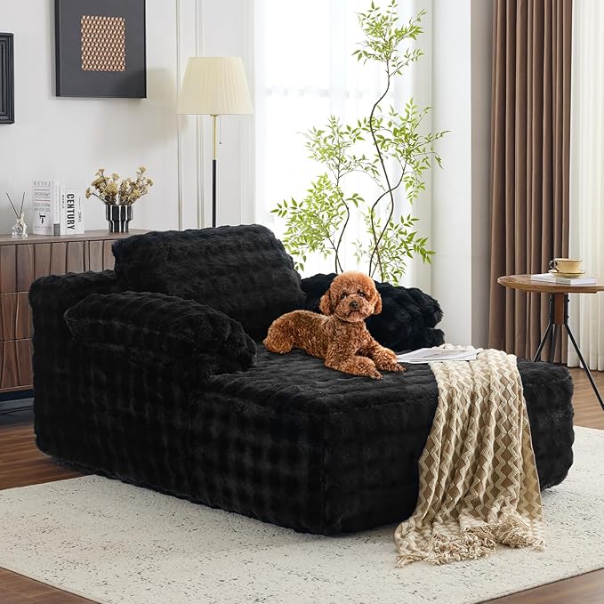 VINGLI 67.7" Oversized Chaise Lounge Chair Indoor Reading Chairs Comfy Bubble Fleece Upholstered Boneless Sofa Bed Sleeper Sofa Cloud Couches for Living Room, Bedroom, Play Room (Black)