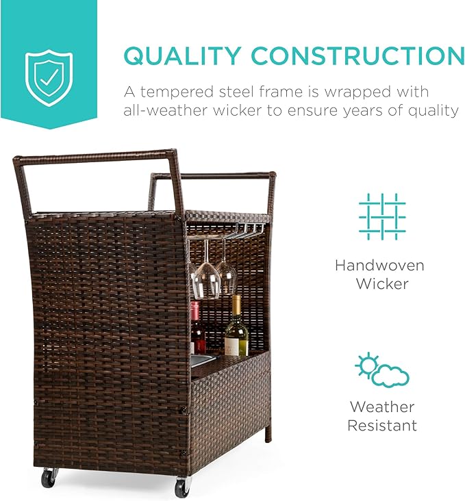 Best Choice Products Outdoor Rolling Wicker Bar Cart w/Removable Ice Bucket, Glass Countertop, Wine Glass Holders, Storage Compartments - Brown