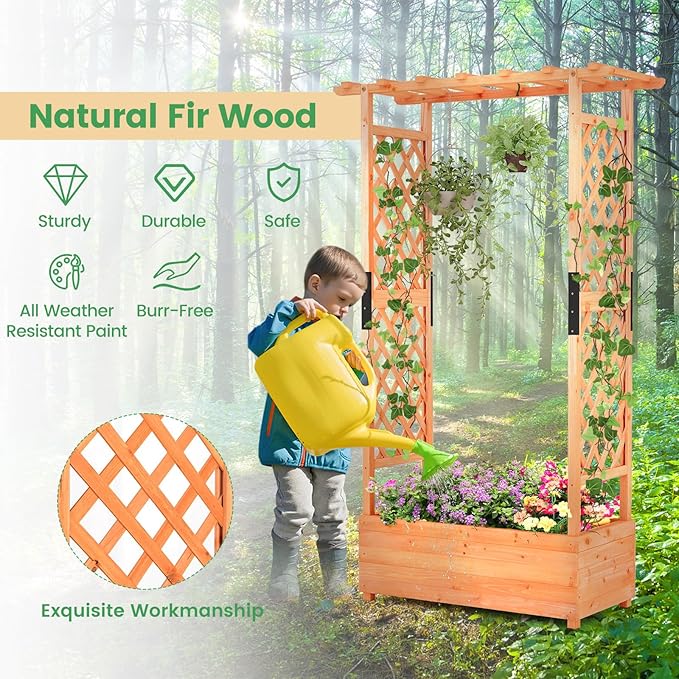 Giantex Raised Garden Bed with Trellis & Hanging Roof, Wood Planter Box with Bottom and Drainage Holes, Freestanding Garden Planter for Flower Vegetable Fruit Herb Climbing Vines, 43.5"x17.5"x72"