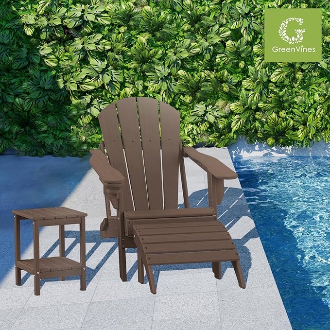 GREENVINES Adirondack-Outdoor-Side-Table | Wood Grain | 14 x 13 Inches | HDPE Plastic | All Weather | Dark Brown | Outside End Tables | Storage Shelf | for Patio Porch