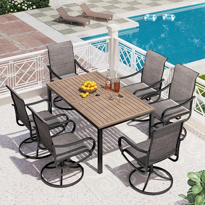 PHI VILLA Patio Dining Set for 6, Padded Textilene Swivel Dining Chairs & Brown Metal Slat Table Top with 1.6" Umbrella Hole, Rustproof Waterproof for All Weather,Outdoor Dining Set for Garden Yard