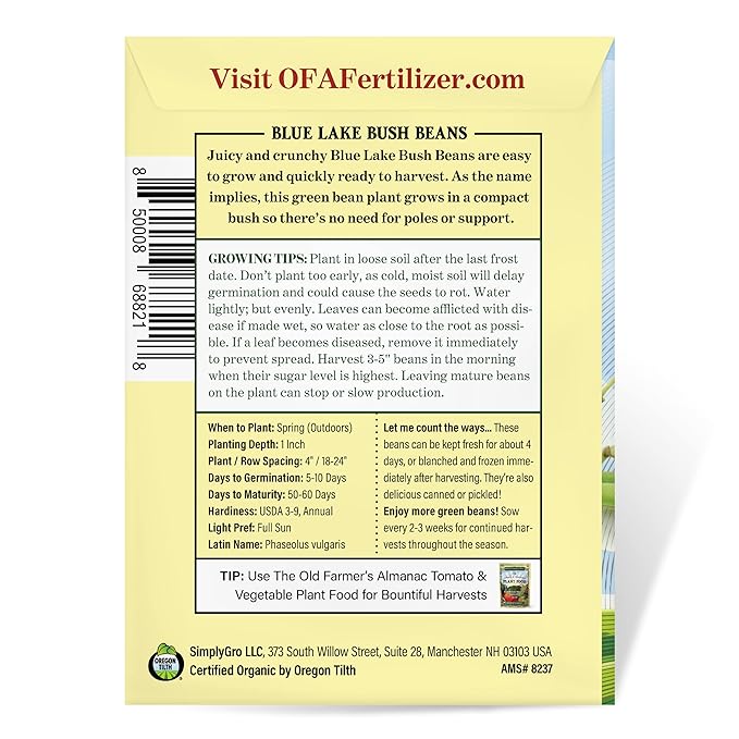 The Old Farmer's Almanac Heirloom Organic Bush Bean Seeds (Blue Lake) - Approx 45 Seeds - Certified Organic, Non-GMO, Open Pollinated, Heirloom, USA Origin